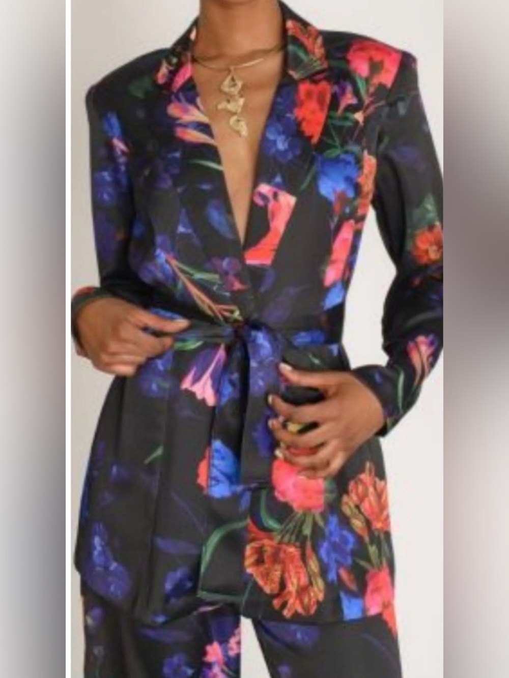 INC International Concepts Black Satin Blazer with Floral Accents Sz S NWT